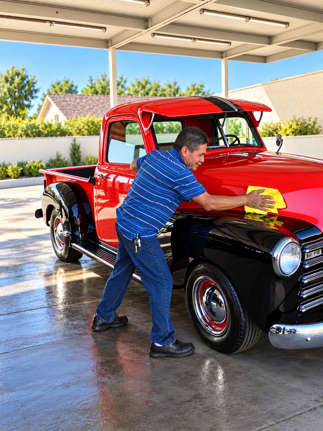 A detailer leaning across the front fender of a red and black classic pickup, polishing the paint by hand with a yellow microfiber towel under the wash canopy